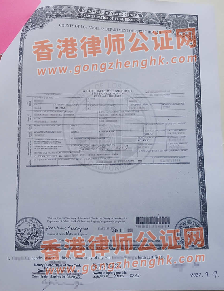 美國出生紙海牙認(rèn)證樣本